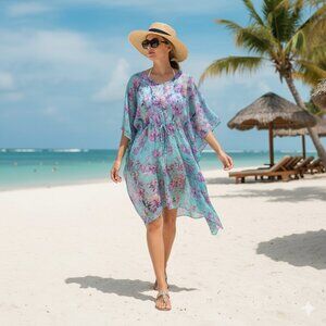 SUNFLOWER Kaftan Drawstring Sheer Cover Up Dress - Free Size Blue Pink Floral
